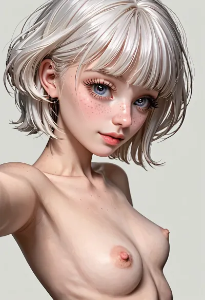 1girl, white hair, freckles on face, (skinny), (big space eyes), nude, short hair with fringe, (((big long eyelashes))), freckles, (moles pimples spots all over body), alone, topless, (puffy nipples:.6), (best selfie pose), pretty face, portrait, standing, big round eyes, top view, (side view:1.4), (Long big conical tits), simple background, <lora:cartoon_stickers_xl_v1:.5>, <lora:ruru.XL_1.3.7_merge:1.4>