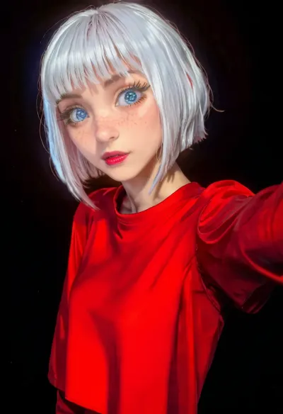 1girl, white hair, freckles on face, (skinny), (big space eyes), short hair with fringe, (((big long eyelashes))), freckles, (moles pimples spots all over body), alone, topless, (puffy nipples:.6), (best selfie pose), pretty face, portrait, standing, big round eyes, top view, (side view:1.4), (Long big conical tits), simple background, <lora:cartoon_stickers_xl_v1:.5>, <lora:style61-a31-000015:1.6>
