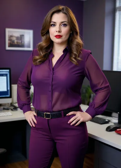 Shooting photo, in office, french woman, 42yo, chubby body, 5'10", long brown hairs, make-up, red lipstick, wearing purple blouse and dark purple pants