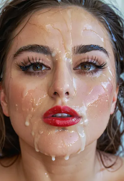 bukkake, cumshot, facial portrait picture of the Bride face in cum facial, with heavy makeup and a lot of makeup, a lot of Cum on her face, cum on her long black eyelashes, Cum on her eyelids, Cum on her cheek skin, her face wet with Cum, Cum on her red lips. cum on her wedding tail, One of the false eyelashes is wet and on the cheek. woman, cum, on, face, <lora:JustCum:1>