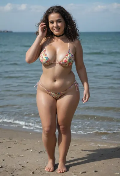 Candid fun photo, UHD 8K, extreme realism, maximum detail, busty 45 year old woman, very fat bbw, tall, thick body, wide hips, thick arms, mauture, on a yacht, full body, tan lines, choker colar, smile, wavy brunette hair, sunning, unique pose, realistic detailed face eyes, very high waisted bikini red and white, detailed skin, realistic lighting, golden ratio