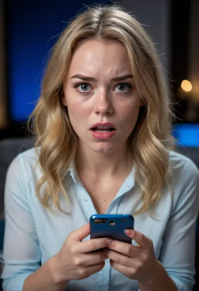 UHD 8K, (shy Christian girl sitting in an armchair and staring at her phone), (it is dark and her face is illuminated by the blue light her smartphone), (she is shocked and disgusted as she discovers that someone posted deepfakes of her on the Internet), (horror-struck), (night time), (her mouth is wide open in shock), (she is frowning), (she is extremely taken aback), (her gaze is locked her phone's screen), (realistic proportions), (perfect hands), surprised, look, girl, (girl frowning in disgust:1.5), (shocked:1.2), (hot bitch:1.1), (northern European:1.2), (dirty blonde), (freckles:1.2), (fitness girl)