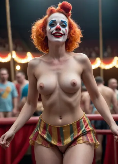 fully naked Woman, a female clown at the circus, skirt lift