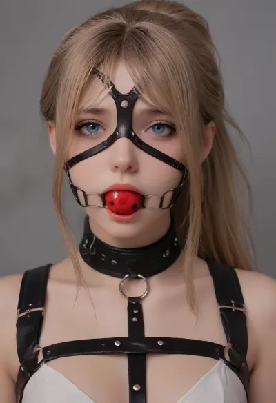 Portrait, 8k uhd, high quality, high resolution, all of focus, ultra-detailed, professional photography, photorealism, realistic, sharp line, beautiful sexy fit dark goth girl, beautiful face, long hair, ponytail, dark blonde hair seductive face, makeup, mascara, smeared mascara, exposed tits, dark lipstick, slave collar, harness, garter, straps, cupless, ((harness ball gag)), (((haness ballgag, face harness, harness gag, trainier gag, big harness))), <lora:Harness_Straps_sdxl:.9>, <lora:ballgag:1>