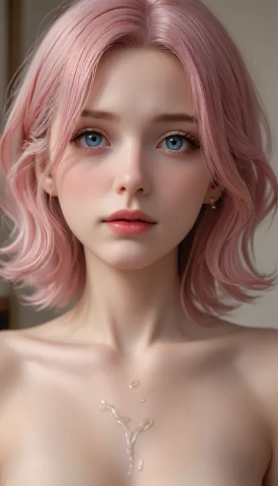 A naked, 20-year-old woman with pink hair, small eyes, and a mouth full of cum