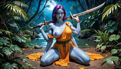 photorealistic image, 8K quality, night, the jungle of an alien world, plants neon glow in all colors of rainbow, on the bank of a stream, (a beautiful sexy alien woman with blue skin, four arms), very large sagging breasts and very long purple hair, dressed in a translucent short tunic that leaves one shoulder and one breast bare, a woman is kneeling in front of a huge, very muscular warrior with dark blue skin, sucking the warrior’s giant dick, in the warrior’s hand is a long sword, full body in frame, <lora:fantasy_toga_sdxl_v2.3:.5>
