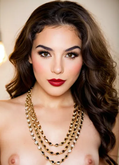 "A portrait image of an elegant sexy Iranian woman, with striking features that highlight her natural beauty. Her skin is smooth and radiant, with a warm olive tone. Her eyes are deep brown, with bold, dramatic eyeliner that accentuates their shape, paired with long, voluminous lashes. Her eyebrows are thick and perfectly shaped, naturally arching over her eyes. Her lips are painted with a rich, deep red lipstick, adding a classic, sophisticated touch. Her hair is dark and glossy, styled in soft waves that fall gracefully around her face. She wears a delicate, intricate gold necklace and subtle, elegant jewelry. The lighting highlights her flawless makeup and soft, natural beauty, with a focus on her expressive eyes and the precision of her makeup. The background is soft and muted, emphasizing her striking features and the warmth of her appearance."