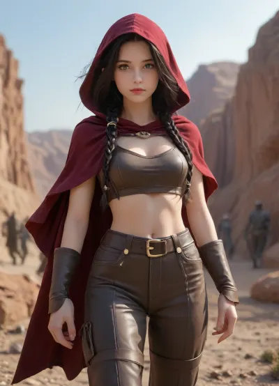 Ultra- quality, masterpiece. The viewer sees before him a rocky area with sparse vegetation, among the debris below, in the distance, a charming creature, she is dressed in very light sand-colored desert ranger armor, a cape with a hood that folds in flight, leather accessories in accordance with the style of clothing. Her hair is long, purple, pink, green, gathered in a complex hairstyle, rare braids among the loose hair, dreadlocks. She has a luscious figure, with a slim waist. Her face is very detailed, with a sly cat look, she \ is a killer. The action takes place in the dark of night, moonlight, starlight, dark atmosphere, Huntress, elf