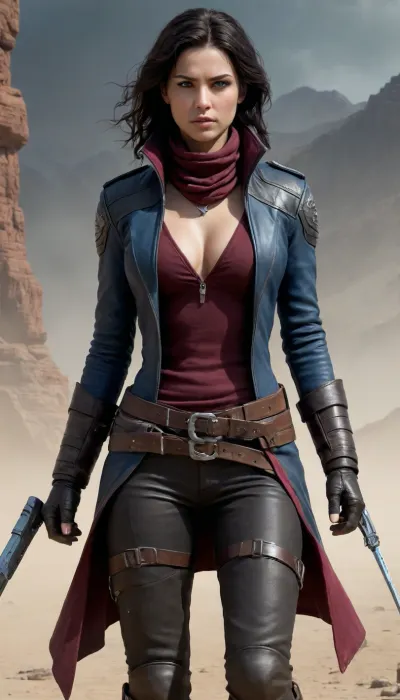 Seraphina Drakos stands as a striking figure against the backdrop of the untamed frontier, her appearance as commanding as the harsh worlds she roams. She is tall, with a lean, athletic build, her posture exuding both confidence and readiness for action. Her long, dark hair, the color of a starless night, falls to her shoulders in soft waves, often loosely tied back with a simple leather strap to keep it out of her face during a fight. Her piercing blue eyes are sharp, a contrast to the cold emptiness of space, their intensity often locking onto her target or a person in need of help, exuding both wisdom and a hint of sadness.

Seraphina's clothes are practical yet hold a sense of rugged elegance that reflects her complicated life. She wears a long, weathered leather coat, a dark brown with faded patches of black and deep maroon from years of use. The coat is intricately designed, with a high collar that shields her neck from harsh winds and the blazing suns of desert worlds. The leather has a soft sheen, showing the care she takes in maintaining her gear, but it's clear that it's been through many battles. The coat billows around her as she moves, giving her an almost ethereal presence, like a shadow gliding through the streets of a forgotten town or the corridors of a space station.

Beneath her coat, Seraphina wears a form-fitting black tactical suit, made from lightweight yet durable material. It allows her the freedom of movement she needs for hand-to-hand combat and quick escapes when necessary. The suit is adorned with utility straps that hold various tools, a compact blaster, a few grenades, and small pouches for medical supplies. Her belt is thick and sturdy, with a holster designed for a heavy blaster pistol, which she carries with the precision of a seasoned warrior.

Her boots are a mix of practical design and rugged style, made from reinforced leather with metal plates at the toes for added protection. They are worn from countless journeys across rough terrain but still perfectly functional, their soles designed for silent movement across both rocky landscapes and metal space stations. Seraphina’s accessories are minimal yet significant. A silver pendant, a family heirloom, hangs around her neck, often tucked beneath her shirt, only visible in moments of deep reflection. Her gloves, fingerless and made of durable leather, provide her with the tactile feel she needs while working with gadgets or wielding weapons. A faded bandana is tied around her wrist, a token from a past life, reminding her of her humanity amidst the chaos she faces. The setting around her is the wild frontier, desolate planets with cracked, dusty landscapes, dim-lit spaceports filled with smugglers, and vast, uncharted galaxies teeming with danger. The stars above are her constant companions, and the desolate worlds below her feet are reminders of the unrelenting path she’s chosen.