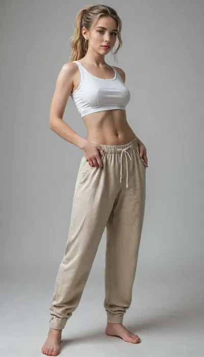 masterpiece, photorealistic, maximum details, an extremely beautiful young woman, massive boobs, blonde hairy pussy, very slim waist, long straight blonde hair tied to a ponytail, twerking, legs wide spread, wearing baggy pants and extremely short baggy tanktop, underboobs, full body