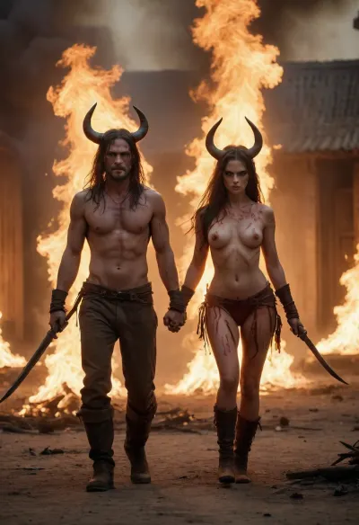 the image shows a man and a woman, in full height, they are dressed in revealing semi-transparent clothes, both have long hair and two horns growing on their heads, their faces express pleasure and ecstasy, they walk hand in hand, they hold weapons in their free hands, and flames are burning around them and everything is splattered with blood and remnants of creatures' bodies. and at the very bottom of the image it says, "stroking", in flaming letters, like the name of the movie.