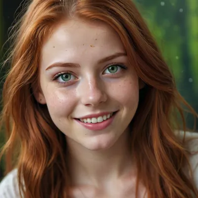 A photorealistic picture of an 18-year-old beautiful girl with long red hair, huge bright green eyes, a beautiful smile with a face splattered with sperm