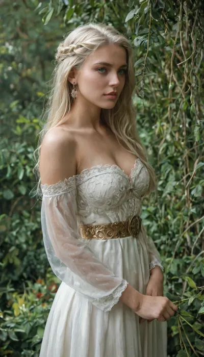 (masterpiece, best quality, highres, ultra-detailed, photorealistic), ethereal and breathtakingly beautiful Galadriel, the Lady of Lothlórien, standing gracefully in the golden glow of an ancient elven forest, surrounded by tall mallorn trees with shimmering golden leaves, a faint mist drifting through the air, creating an aura of mysticism, her piercing blue eyes reflecting the wisdom of ages, soft luminous skin with a celestial glow, delicate high cheekbones, perfectly sculpted facial features, slightly arched elegant eyebrows, full lips with a serene expression, long, flowing platinum blonde hair cascading down her back in silky waves, subtly illuminated by the soft elven light, a finely crafted silver circlet adorning her forehead with an intricate floral design, her tall and slender yet subtly curvaceous figure exuding elegance and regality, dressed in an exquisite flowing white elven gown made of the finest silk, adorned with delicate silver embroidery resembling intertwining vines and leaves, sheer translucent sleeves draping over her arms like whispers of moonlight, a regal silver belt cinching her narrow waist, long flowing skirts pooling gently at her feet, reflecting the soft ambient glow of Lórien, her graceful hands adorned with silver rings, one bearing Nenya, the Ring of Water, glowing faintly with an ethereal light, subtle cinematic lighting enhancing her divine presence, a soft elven aura radiating around her, balanced depth of field, ultra-detailed textures on clothing, hair, and surroundings, sharp focus on her mesmerizing gaze, 8K resolution.