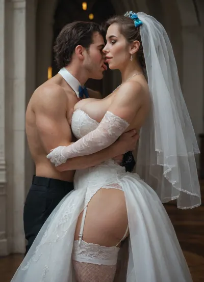 shemale bride, transgender bride, dickgirl bride, 29 years old, 4K hyper realistic photo, (backside view:1.3), transparent figure-hugging tight silk wedding dress with deep cleavage, lace wedding veil blue bow wedding garter, white garter belt fish net stockings, long white lace gloves, perfect hourglass figure, athletic and muscular body, narrow waist, stunning beautiful face, little black makeup, perfect smokey eye, freckles, laughing uproariously, eyes are open, eye pupils are visible, nipple piercing, belly button piercing, perfect rounded apple sized large muscular ass, muscular thighs, landing strip trimmed shaved public hair, tattoo, golden jewelry, medium sized semi-flaccid penis, precum dripping, (ass licker pov:1.3), detailed scotrum and penis visible, full body shot, blonde hair, dutch braid, background church altar and church window, groom in bondage gear knees beside the bride