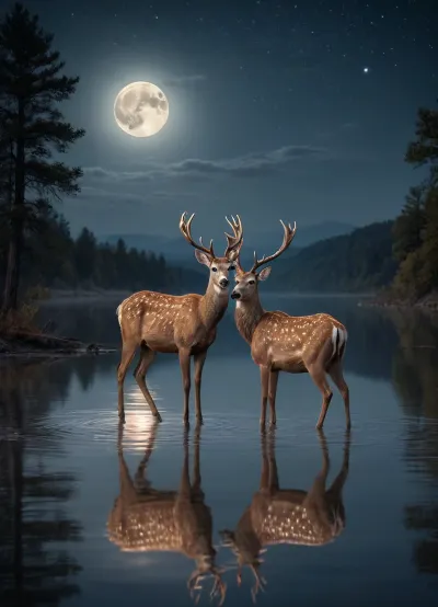 The night starry sky, a large moon is reflected on the surface of the lake water, three horned deer are standing on the shore, drinking water.