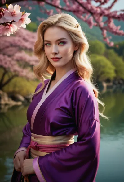 photo, cheerful blonde, (((masterpiece))), (((best quality))), 2d, behance, majestic, dressed in a nice purple Ming Dynasty costume, [superhero costume], (Wrap top:1.2), a hefty samurai, (exquisite 1girl, solo:1.3), she's Alluring, reimagined, she smiles like a Ninja, her hair Multicolored, Lake, Modern, Peaceful, Swirling pink sakura flower, Hipster art, Nostalgic lighting, Pale skin, Green detailed eyes, flawless, stands in a lecherous sexual position, fertile, imposing, dramatic, complimentary colors, <lora:add-detail-xl:.5>, <lora:3DMM_V12:.5>, .