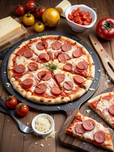 draw a juicy pizza with cheese, sausages, tomatoes, so that there is a lot of cheese so that it directly tempts