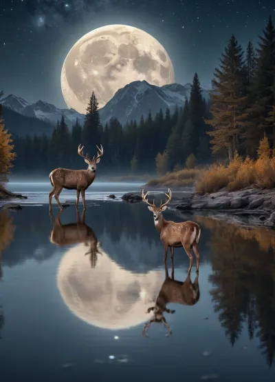Moonlit reflections: a night of enchantment with starry skies and three-horned deer