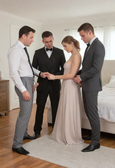 A woman in a full-length white wedding dress, surrounded by three men in formal attire, helping her with the dress, the scene is set in a light-toned bedroom with hardwood floors, muted gray and beige tones, and a soft, natural light.