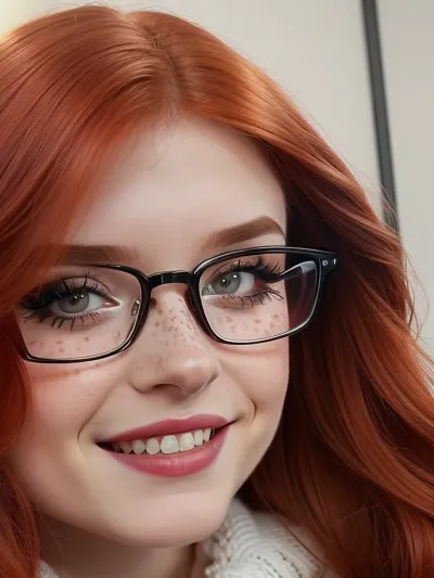 Close-up portrait. Russian girl, e-girl, 25 years old, natural redhead, long eyelash, lovely smile, long straigh hair. nerd big glasses with thick frame, Cinematic, warm light., 3g1rlmak3up, eyeliner, nose, freckles, lipstick, caricature, <lora:3g1rlmak3up:.5>, <lora:caricature_v2:.5>