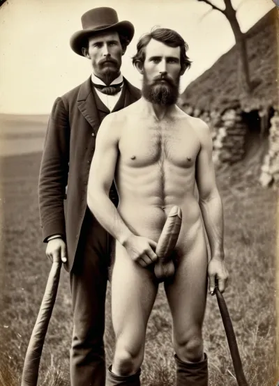 Albumen Print, Stocky hairy Welsh settler in 1860 posing fully naked showing his enormous cock. Rare photo is not the best condition. Vintage photo was taken by a field view camera., <lora:Albumen Print:1>, long uncut penis, <lora:xpenis-1.5e:.7>, Next to him his fully dressed old father wearing a black suit.