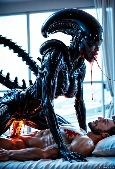 Masterpiece, ultra-realism, 1 man human Naked body_skinny, 1 woman Xenomorph A 2m90, (woman xenomorph:1.4), narrow waist, blue eyes, glowing eyes, look at viewer, transparent saliva, (xenomorph mouth:1.3), high detailed face, earrings, (big lips:1.2), excited look, (glossy red lipstick:1.2), (blood), shiny skin, thin, (big breasts:1.3), wide hips, glowing vagina, red glowing altar, alien woman on top man, vaginal sex, piv, cowgirl posing, On all fours, bent over, (man lying on back), blood, (side view), Cinematic light, best quality, mega detailed, mega quality, high detailed, xenoegg, <lora:426321_training_data:.5>