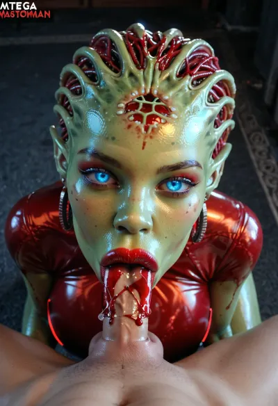 Masterpiece, ultra-realism, 1 woman alien a 2m40, (alien woman:1.7), makeup, narrow waist, blue eyes, glowing eyes, look at viewer, high detailed face, (transparent saliva:1.2), earrings, (big lips:1.2), excited look, (glossy red lipstick:1.2), (blood), shiny skin, thin, huge breasts, latex dress, wide hips, glowing vagina, red glowing altar, woman on top, On all fours, POV blowjob, (deepthroat:1.3), penis, 1 man lying on back, blood, Cinematic light, best quality, mega detailed, mega quality, high detailed
