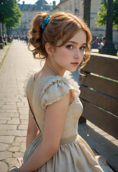 (renaissance:1.3), 1girl, good looks, dress, sleeveless, fingerless gloves, solo, sitting on bench, detailed face, looking at viewer, upper body, city, bench, (masterpiece:1.2), best quality, twintails, style, of, Jean, Delville, <lora:xl_mega_twin_drills-1.0:.5>, <lora:tbh140-sdxl:.5>