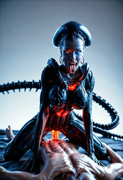 Masterpiece, ultra-realism, 1_man_human_Naked body_skinny, 1 woman Xenomorph A 2m90, (woman xenomorph:1.4), narrow waist, blue eyes, glowing eyes, look at viewer, (xenomorph tongue mouth), transparent saliva, (xenomorph mouth:1.3), high detailed face, earrings, excited look, (blood), shiny skin, thin, (big breasts:1.3), wide hips, glowing vagina, red glowing altar, alien woman on top man, vaginal sex, piv, cowgirl posing, On all fours, bent over, (man lying on back), blood, (side view), Cinematic light, best quality, mega detailed, mega quality, high detailed, xenoegg, <lora:426321_training_data:.5>