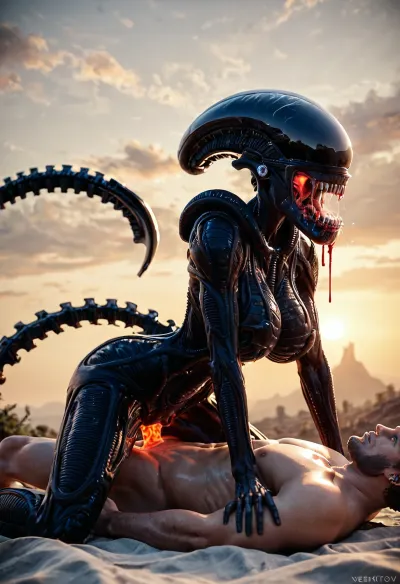 Masterpiece, ultra-realism, 1 man_human_Naked body_skinny, 1 woman Xenomorph A 2m90, (woman xenomorph:1.4), narrow waist, blue eyes, glowing eyes, look at viewer, transparent saliva, (xenomorph mouth:1.3), high detailed face, earrings, excited look, (blood), shiny skin, thin, (big breasts:1.3), wide hips, glowing vagina, red glowing altar, alien woman on top man, vaginal sex, piv, cowgirl posing, On all fours, bent over, (man lying on back), On the face of a man's Facehugger, blood, (side view), Cinematic light, best quality, mega detailed, mega quality, high detailed, xenoegg, <lora:426321_training_data:.5>