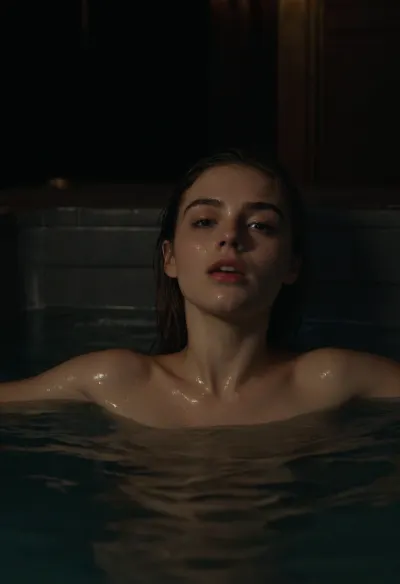 full shot. macrolens 18 year old slim, woman in a jacuzzi deep in the water, loud moaning, orgasm. only cute small ass peeking out of the water, lying on her side. very wet skin. darkest night