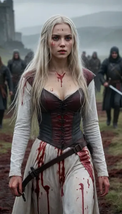 young 21-year-old girl with long white hair covered in blood walking on a battlefield with a knife in her hand in the Scottish islands, medieval setting, realistic style, detailed landscape, soft lighting, dramatic atmosphere, dead soldiers scattered everywhere, foggy morning, detailed faces, perfect anatomy, clear focus, photorealistic quality, resolution 8k, intricate clothing details, natural surroundings, dark colors, expressive face, loose hair, delicate facial features, tragic expression, cold weather effects, bloodstains on the ground, destroyed armor parts, broken weapons, realistic physics, cinematic composition, masterfully drawn art Covered in blood, 80shorror, everywhere, background, bleeding, vessel, vampire, sharp, fangs, bloodyface, <lora:lora-bloodyface-lite:.6>