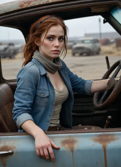 `Post-apocalyptic wasteland with a desert ranger woman actively prying open the rusted door of an overturned car, her gloved hand gripping a crowbar, debris scattering as she leans into the vehicle's gutted interior, tattered clothing, (frayed leather straps, torn belts), stained with dirt and oil, fierce amber eyes focused on scavenging, wind-tousled auburn hair escaping her makeshift headscarf, surrounded by abandoned cars with shattered windows and collapsed roofs, cracked asphalt littered with broken glass and twisted metal, distant zombies silhouetted against foggy ruins, 8k resolution, hyperrealistic textures, (peeling paint, weathered skin, gritty surfaces), cinematic HDR lighting casting sharp shadows, anti-aliasing, depth of field emphasizing her interaction with the car, ray-traced reflections in puddles of oil, volumetric fog blending cold blue-gray tones with muted rust hues, lossless PNG format, no pixelation.`, kkw-new-neg-v1.6