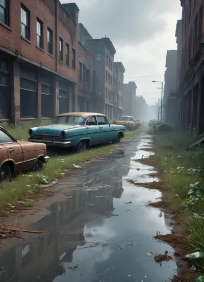 `Post-apocalyptic wasteland with crumbling city ruins overgrown with weeds, cracked asphalt road littered with abandoned rusty cars, (broken windows, decayed interiors), desolate field stretching to the horizon under a foggy sky, distant zombies shambling near collapsed buildings, 8k resolution, hyperrealistic details, cinematic HDR lighting, anti-aliasing, depth of field, photorealistic textures, (rust, cracked concrete, weathered surfaces), ray-traced shadows, volumetric fog, ambient occlusion, sharp focus on foreground debris, (shattered glass, torn posters), cold blue-gray color grading with muted accents, lossless PNG format, no pixelation, no compression artifacts.`