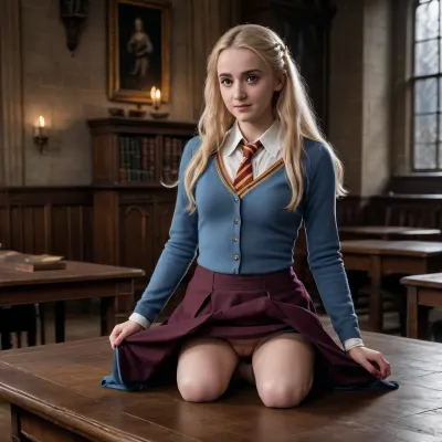 Luna Lovegood pulling up her skirt on a table in Hogwarts, standing on a table, skirtlift, <lora:skirtlift_xl:.5>