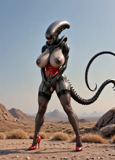 female xenomorph outside, in a futuristic landscape, red lips, tail, super huge saggy breasts, super sloppy breasts, super hanging breasts, big dark areola, big stiff nipples, a third part of the breast is areola, flesh-colored areola, flesh-colored nipples, corset, stockings and high heels, futanari, masturbated, penis above pussy, <lora:female_xenomorph_sdxl_V2:1.8>