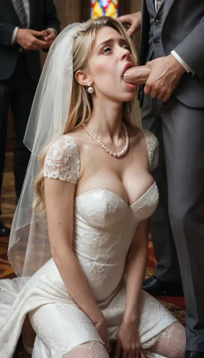 insanely hot pretty innocent-looking blonde bride kneeling in a church, very large saggy perky breasts, blonde long hair, pearl earrings, necklace, skinny, wedding dress, breasts falling out, cleavage, ((a men in a suit is violently fucking her mouth)), other men are waiting around to fuck her mouth, sad facial expression, panicking, looking at man with fear+annoyance, perfect hands, perfect fingers, perfect anatomy, perfect faces, view down on bride, intricate detail, cinematic masterpiece, ADetailer