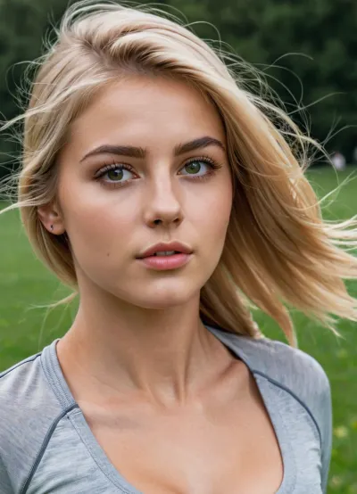 Ultra Realistic photography, side view, (full body shot), 18 years old woman, in a park, running, hair is blowing in the wind, well-built body, wearing tight sports clothing, wearing sport shoes, middle sized boobs, cute face, square face form, innocent view, big eyes, glossy eyes, eyeliner, perfect makeup, red cheeks, middle long straight blonde hair, snub nose, symmetrical eyes, highly detailed lips, highly detailed teeth, highly detailed eyes, highly detailed iris, skin pores, mat skin, skin texture, manicure, natural lighting