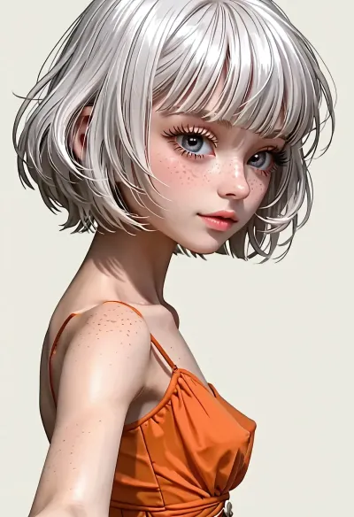 1girl, white hair, freckles on face, (skinny), (big space eyes), nude, short hair with fringe, (((big long eyelashes))), freckles, (moles pimples spots all over body), alone, topless, (puffy nipples:.6), (best selfie pose), pretty face, portrait, standing, big round eyes, top view, (side view:1.4), (Long big conical tits), simple background, anime, screencap, <lora:cartoon_stickers_xl_v1:.5>, <lora:animescreencap_xl:1.4>