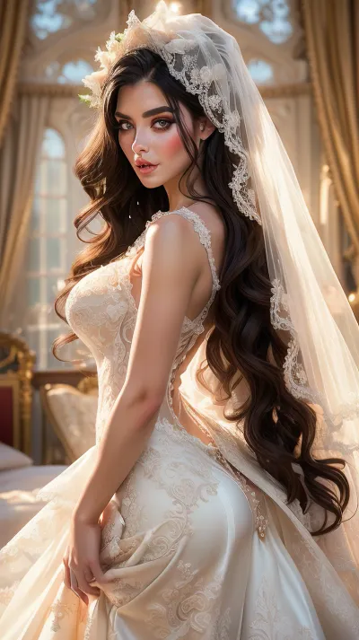woman 30 years old, spanish, wearing a wedding dress in luxury hotel bedroom, (insanely detailed), (film grain), cute tall tall, long wavy tousled hair, sexy white silk wedding dress, side boob, c cup, cleavage, ((very revealing lace and silk wedding dress)), ((wife, bride, slutty bride)), (pale white skin), formal seductive Hair, seductive face, very fit, long colorful black hair, distinctive angular hair cut with large colorful forelocks framing her face. Big blue eyes, blushing expression. White silk lace wedding gown, tight ass, wears a thick, skinny model body, beautiful Facial Features, low cheekbones, wedding, bjd, <lora:wedding BJD:.5>