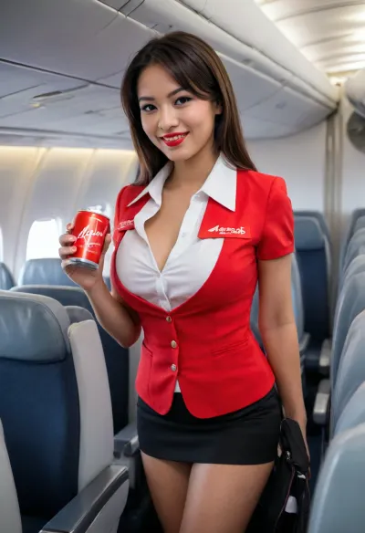 AirAsia stewardess with saggy natural breasts, serving drink, bending over to serve drink, down blouse, stewardess uniform, first class seat on 747, flirtatious smile, malaysian, downblouse, nipslip, <lora:RealDownblouseXL2:.3>