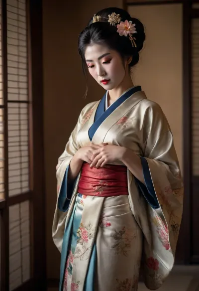 Old West geisha, caressing a long slender base with her fingers, open kimono