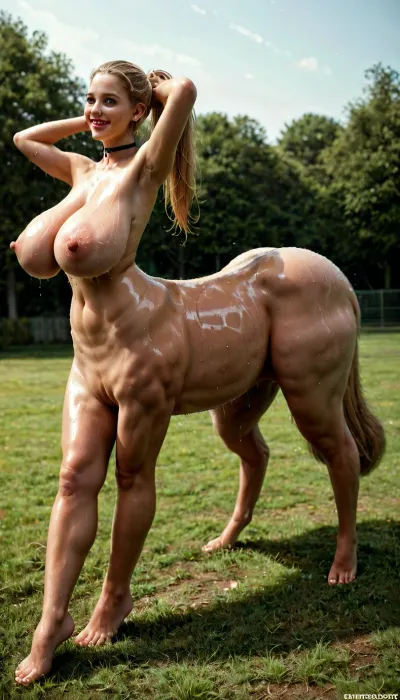 humantaur, side view, lush horse tail, standing sideways, full body view, massive sagging tits, looking at viewer, squeezing breasts tpgether, huge ass, Huge Tits, Small waist and Thick legs, 25 years old, Tall, blonde ponytail, pink lipsitick, wearing Leggins, fake huge lips, oiled skin, Choker around her neck. blue eyes, sexy smile, smile, better eyes, perfect eye, warm smile, pornstar pose, in a backyard, looking up, second, human, four, legs, feet, sagging, breasts, Atomictits, <lora:humantaurs_02_20_merge_sdxl:1>, <lora:sagging-000015:1.3>, <lora:AtomictitsXL:.4>