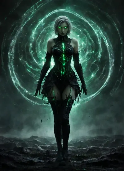 Full length, body shot, Sylvina, (AFK_Journey), young woman, gray skin, slight tan, corpse like complexion, pale green hair, straight hair, short hair, bright green glowing eyes, thin arms, thin silver gauntlets, thin legs, ripped up tights, silver boot armor, streaked hair, no makeup, dark green scarf, sleeveless dress with short frilly skirt, armor skirt, holding two silver daggers, glowing green daggers, in a field, pale green fog, standing, one leg in front of the other, large dark green horns, horns go straight up, dark green dress, rib like pattern, bright green frill, pale, skin, novuschroma, style, hkdeath, DonMD34thM4g1cXL, Rainbowiridal, Spiral, rainbowiridal, eyes, palette, Shiny..., Bright..., Intense, gaze, Fire, dragon, Amber, cat, Anthro..., woman, Genetically, modified..., <lora:Pale_Skin_SDXL_v1.0:1.5>, <lora:107_novuschromaSXL_a5:1>, <lora:LivingDeathXL:1>, <lora:DonMD34thM4g1cXL_v3.0-000015:1.5>, <lora:Stunning_eyes_2:1.5>