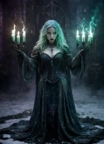 Full length, body shot, Carolina, (AFK_Journey), young woman, pale skin, corpse like complexion, pale green gray blue and white hair, long hair, wavy hair, lots of hair, hair frames face, pale green glowing eyes, holding a single three pronged iron candelabra in front of herself, purple candles with green flames, pale green flames, blue gems, thick dress, winter dress, puffy sleeves, quilted sleeves, puffy dress, streaked hair, red blush, snow themed dress, large snowflake pattern, dress goes to ground, completely covered by dress, dark blue dress, white sleeves, standing behind candelabra, in a field, pale green fog, standing, looking into center candle, snow motif, winter aesthetic, white fur lining, covered arms, covered legs, covered chest, covered cleavage, completely covered, only head is visible, cold color palette, gentle expression, pale, skin, novuschroma, style, hkdeath, DonMD34thM4g1cXL, Rainbowiridal, Spiral, rainbowiridal, eyes, palette, Shiny..., Bright..., Intense, gaze, Fire, dragon, Amber, cat, Anthro..., woman, Genetically, modified..., <lora:Pale_Skin_SDXL_v1.0:1.5>, <lora:107_novuschromaSXL_a5:1>, <lora:LivingDeathXL:1>, <lora:DonMD34thM4g1cXL_v3.0-000015:1>, <lora:Stunning_eyes_2:1>