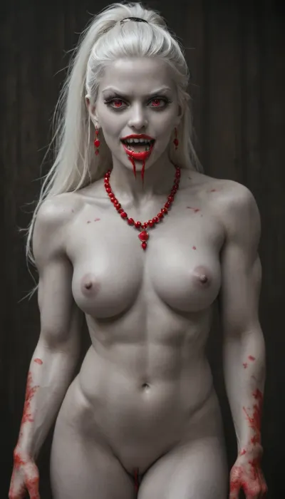 1 girl vampire, (showing long vampire fangs:1.3), bloody hands, (big thick lips:1.1), (blood dripping from mouth:1.3), (small thin face:1.3), (white hair:1.2), (long japanese hairstyle:1.3), (grey skin:1.3), (dimples), (very long thick eyelashes:1.2), (red eyes), (muscle body:1.2), collarbones, (multiple big red necklace:1.3), (earrings:1.1), (sexy medium breasts and belly:1.3), (small waist:1), (small erect nipples:1.2), (bubble butt:1.2), (thick thighs:1.6), (long legs:1.3), (multicolour hair:1.2), (beads in hair:1.3), (nude:1.3), (full body view:1.3), (full thigh tribal tattoo:1.3), (piercing:1.2), (perfect eyes:1.4), 8k, vampire castle at night, 512/3000