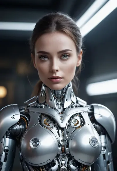 silver skin robot, full body, large breasts, white eyes.