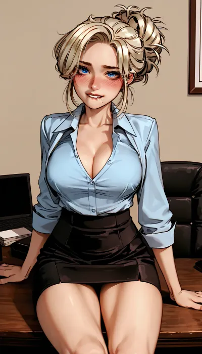 White blonde hair in a bun, blue eyes, office outfit, (giant tits:1), sitting on table, mini skirt, (flushed cheeks, blushing desperately horny:.8), (eye contact, devious expression, lip bite:1.2), ratatatat74, <lora:ratatatat74-000050:1.7>, <lora:ishikeiXL:.9>