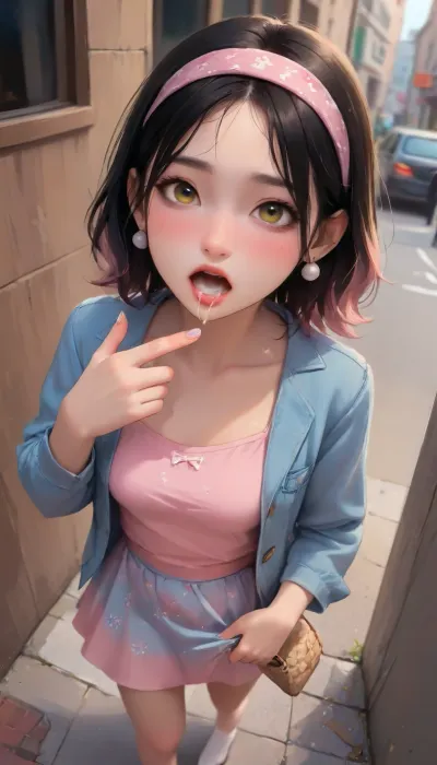 (Night), (high angle top view:1.2), a girl at grimy alley entrance, open mouth, (cum in mouth), heavy colourful makeup, (black hair), yellow eyes, blue floral dress, white denim jacket, no shoes, Lifting the hem of the skirt, no panty, woven straw handbag with pastel blue ribbon, pastel pink headband with bow, pearl stud earrings, loose waves with pastel pink hair clips, (j_cartoon:1.5), clear fingers, clear toes Drawing, <lora:vintage-XL:.4>, <lora:skirtlift_xl:.5>, <lora:MicroSkirt_XL:.5>, <lora:samdoesarts1.1-000030:.4>, <lora:Animated_Concept:.4>