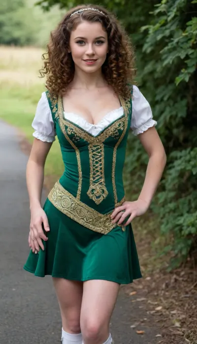 Sexy petite Irish Dancer, traditional Irish dance costume, curly hair, dimples, freckles, cleavage, slut, bimbo, Ireland, Irish Highlands, outdoors, step dancing, (((large breasts, big titties, cleavage))), (skinny waist), dancing, A traditional female Irish dancer typically wears a distinctive and vibrant costume that reflects the cultural heritage of Ireland. The dress, often called a "solo dress, " is usually made of velvet or satin and is adorned with intricate, colorful designs. These designs often feature Celtic knot patterns, shamrocks, or other symbols of Irish tradition, with a wide range of colors like emerald green, royal blue, red, or purple. The dresses are short, ending just above the knee, to showcase the dancer's movements and footwork.

Underneath the dress, dancers wear a white blouse with puffed sleeves, adding to the elegant and layered look. Their footwear consists of either soft shoes, (ghillies), or hard shoes, (referred to as "taps" for more advanced performances), depending on the style of dance being performed. Ghillies are soft leather shoes that allow for quick and graceful movements, while hard shoes have a distinct tap-like sound and are used for rhythmic, percussive dances.

Hair is an important aspect of the look, typically styled in tight curls, often enhanced by a wig, and decorated with a headpiece or ribbon. The overall appearance is polished and dramatic, designed to highlight the dancer’s precision and skill.